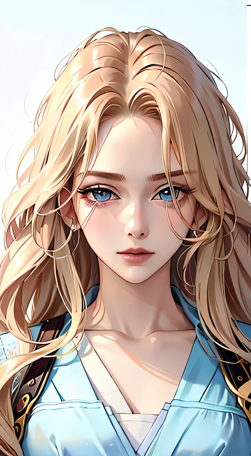 Woman, ((blonde hair, Wavy hair, wild hair, long hair, Blue eyes)), serious look, Serious expression on his face, medical gown, White shirt, portrait, half of the body, aura of calm, makeup, anime style, (beautiful eyes, Detailed eyes, half-closed eyes)