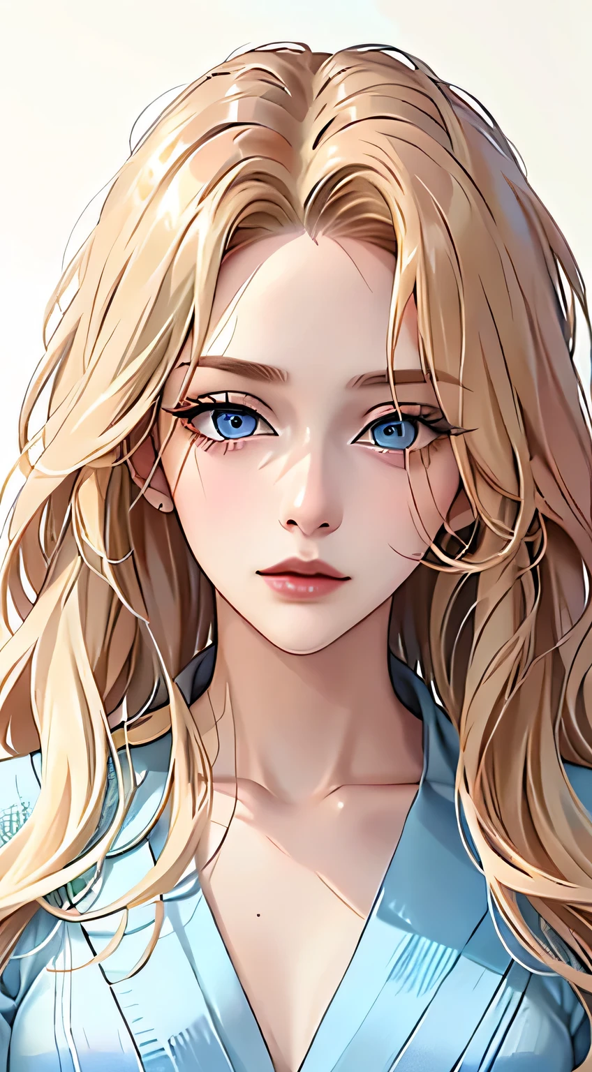 Woman, ((blonde hair, Wavy hair, wild hair, long hair, Blue eyes)), serious look, Serious expression on his face, medical gown, White shirt, portrait, half of the body, aura of calm, makeup, anime style, (beautiful eyes, Detailed eyes, half-closed eyes)