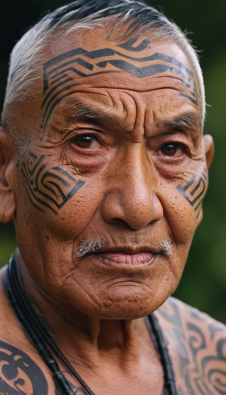 realistic photo, close-up of the face, lots of details, face of an elderly Maori with Maori facial tattoos with younger doughter, shallow depth of field, natural lighting, raw photo, film grain, 8k, uhd, vivid colors