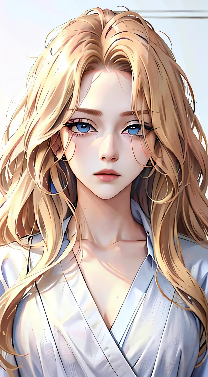 Woman, ((blonde hair, Wavy hair, wild hair, long hair, Blue eyes)), serious look, Serious expression on his face, medical gown, White shirt, portrait, half of the body, aura of calm, makeup, anime style, (beautiful eyes, Detailed eyes, half-closed eyes)