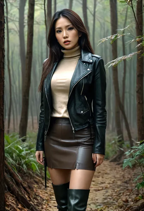 a woman, depraved expression, forest, long brunette hair, asian, over-knee stiletto boots, pencil skirt, leather jacket, beige t...