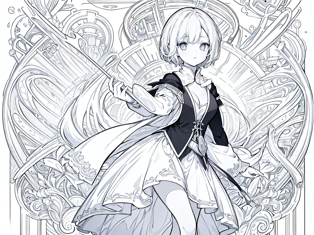 1 girl, wearing hogwarts uniform, cleavage, white hair, short hair, face to detail, detailed eyes, the background is just white, monochrome (clear line, lineart), full body illustration
