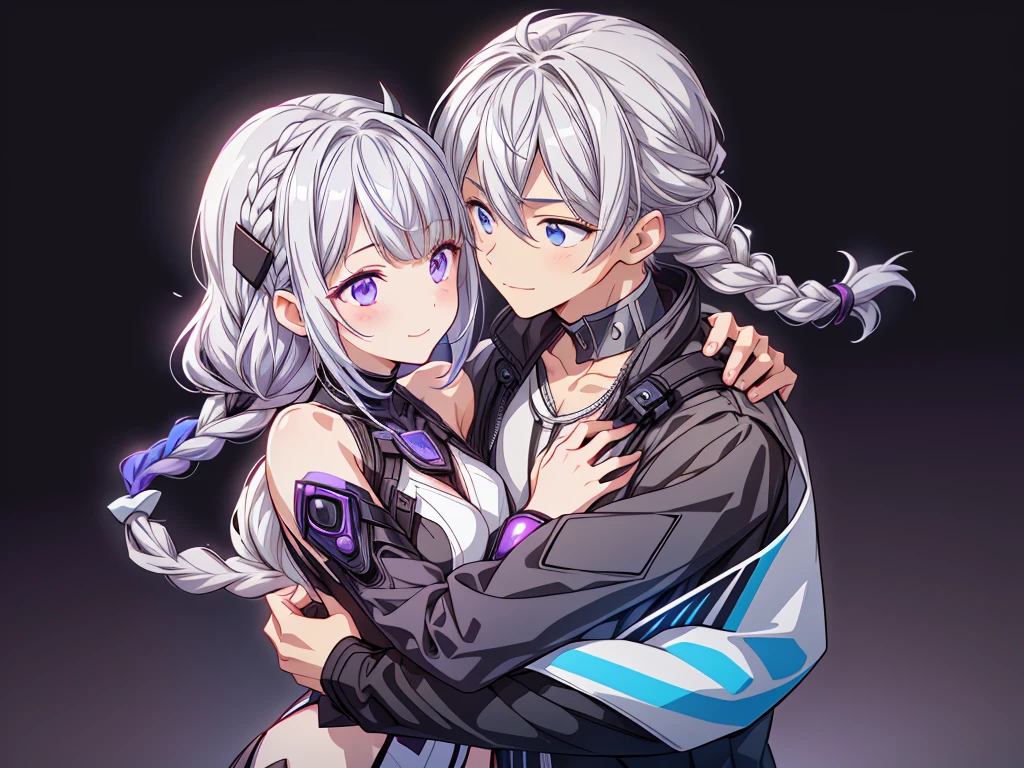 highest quality、Masterpiece、Official Art、cg、The best composition、Man and woman couple hugging、girl（Milky white and purple long hair｜Double braid｜White and black diamond-shaped hair clips on both sides｜Black Cyberpunk）boy（Gray and blue gradient short hair｜Cyberpunk Blue）、The two of them are looking at each other and smiling