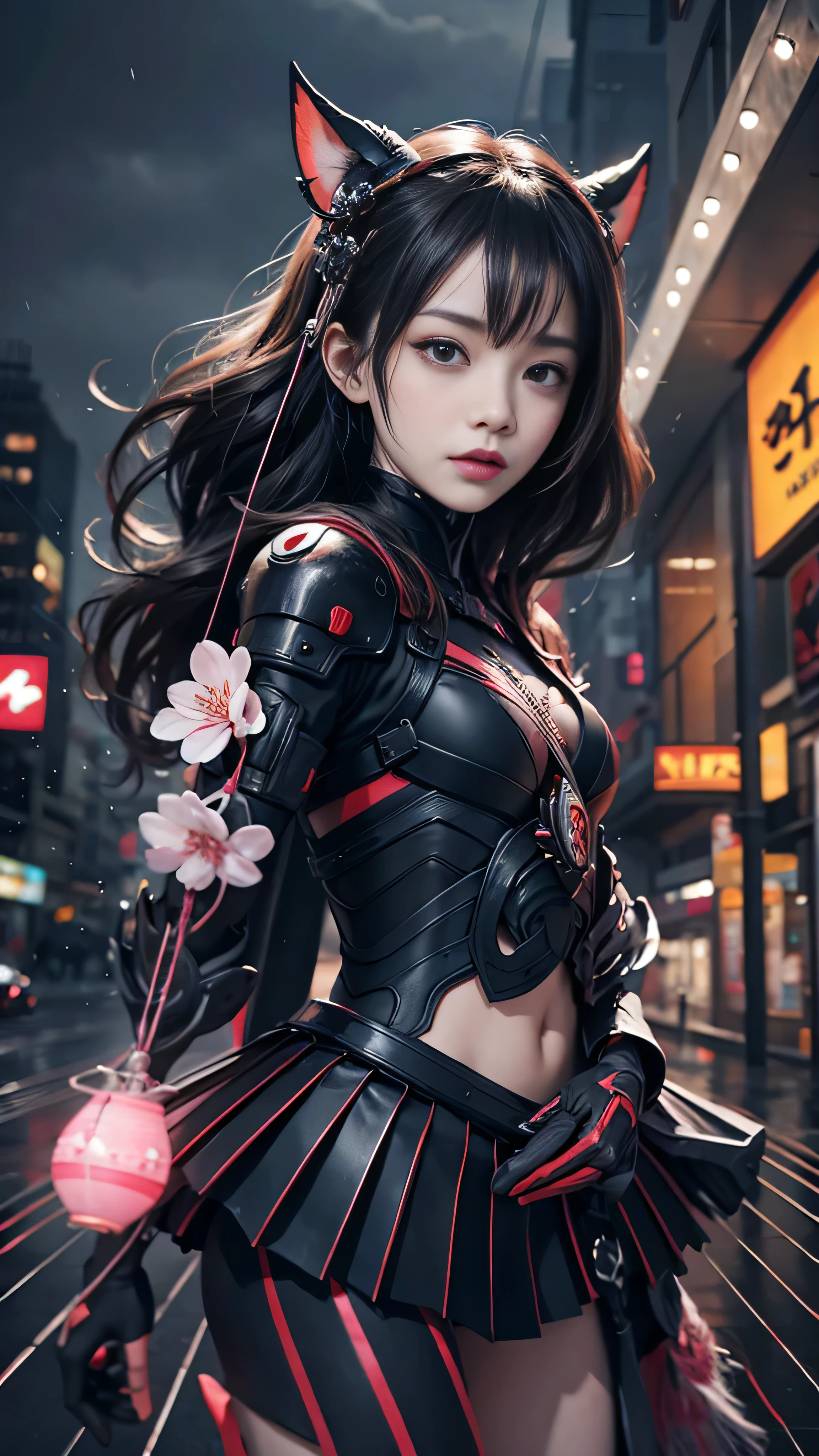 sombre_fantaisie、cyberpunk、(Ukiyo-e、Fille Sakura、noir et rouge:1.1)、Une femme、armure exquise、Charme métallique、Élégance Warframe、 sombre_fantaisie、cyberpunk、(Ukiyo-e、Fille Sakura、noir et rouge:1.1)、Une femme、armure exquise、Charme métallique、Élégance Warframe、 Au centre d'une ville moderne enveloppée de nuages ​​sombres、L'orage fait rage、La pluie battante sature les rues。Dans une situation chaotique、