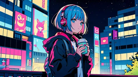 A girl drinking hot coffee while listening to jazz music through headphones, Watching the night sky from the balcony, alone, Lof...