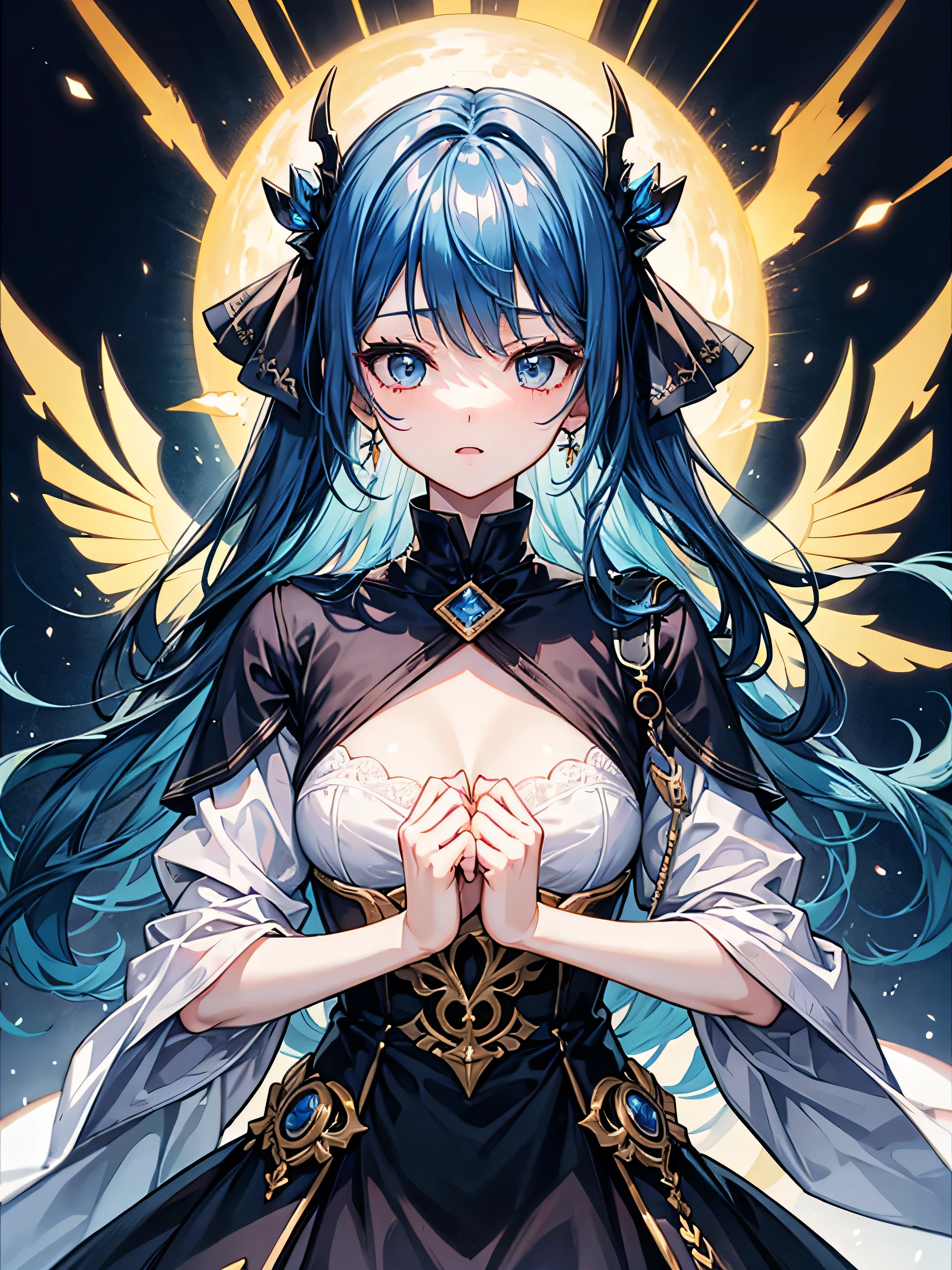 （（（masterpiece、Best image quality、highest quality、Highly detailed Unity 8ｋwallpaper）））、（（Illustration of one girl、Upper Body））、（（（beautiful girl）））、（librarian）、Blue Hair、（Stocky build, Physical Thickness Set：1.3, Broad shoulders, Solid Chest）、（（（Flat Chest）））、librarian服