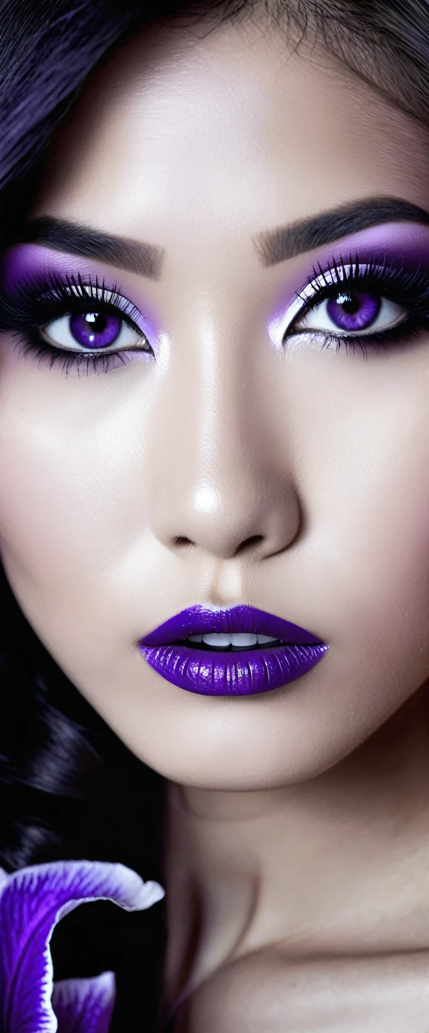 Sublime very sexy Asian woman, Detailed lips, detailed eyes, detailed eyelash, detailed face, sublime and detailed body, long cheveux violet, visage de séduction, ((violet make-up)), photo du milieu du corps, ((porter un costume)),(( Une cravate violette, photo noir et blanc et violet, only black and white and purple photo)), (((photo noir et blanc et violet : 2.0, only black and white and purple photo :2.0, purple only on iris and make-up and hair, b/w, b&w))) 