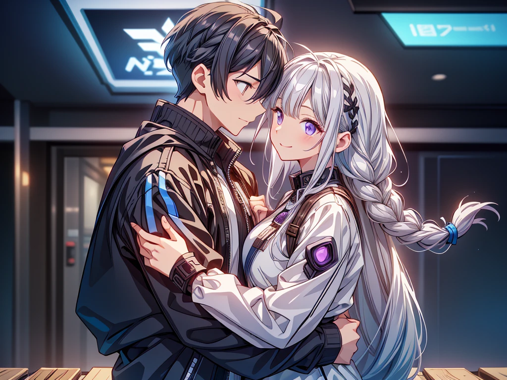 The best quality of smiling at each other with their foreheads touching、Masterpiece、Official Art、cg、The best composition、Man and woman couple hugging、girl（Milky white and purple long hair｜Double braid｜White and black diamond-shaped hair clips on both sides｜Black Cyberpunk）boy（Gray and blue gradient short hair｜Cyberpunk Blue）、The two of them are looking at each other and smiling