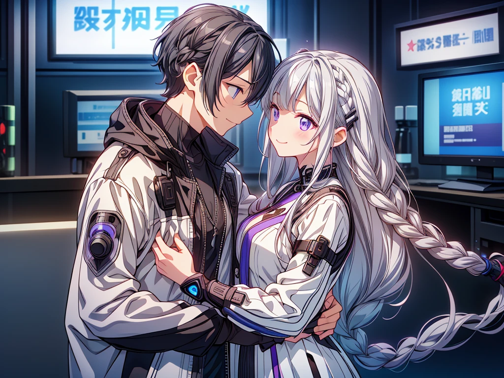 The best quality of smiling at each other with their foreheads touching、Masterpiece、Official Art、cg、The best composition、Man and woman couple hugging、girl（Milky white and purple long hair｜Double braid｜White and black diamond-shaped hair clips on both sides｜Black Cyberpunk）boy（Gray and blue gradient short hair｜Cyberpunk Blue）、The two of them are looking at each other and smiling