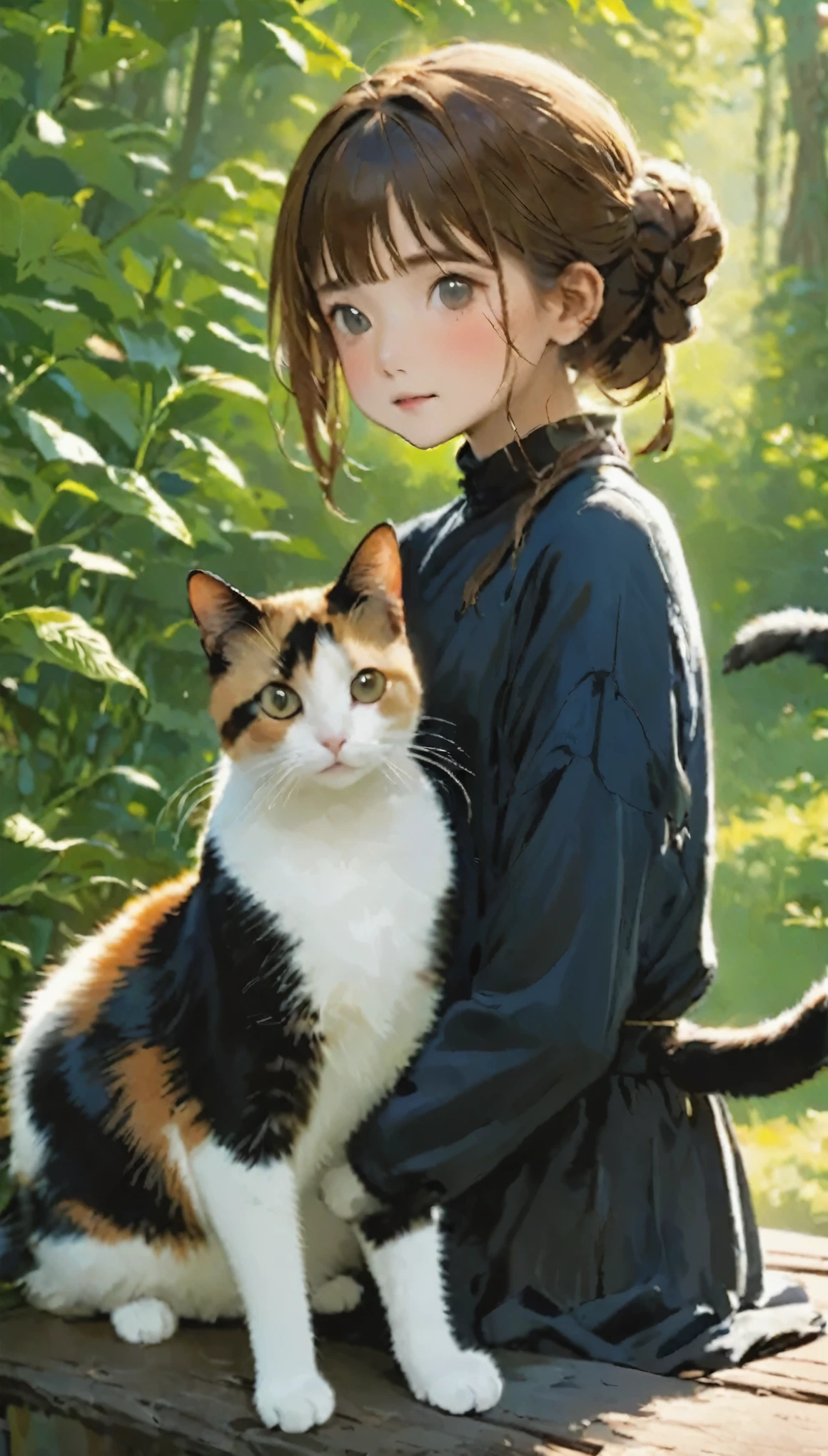 highest quality、girl holding a calico cat、Cute 14 year old girl、Bun hair with brown hair tied、Black cat、natureな見た目、Long Shot、nature