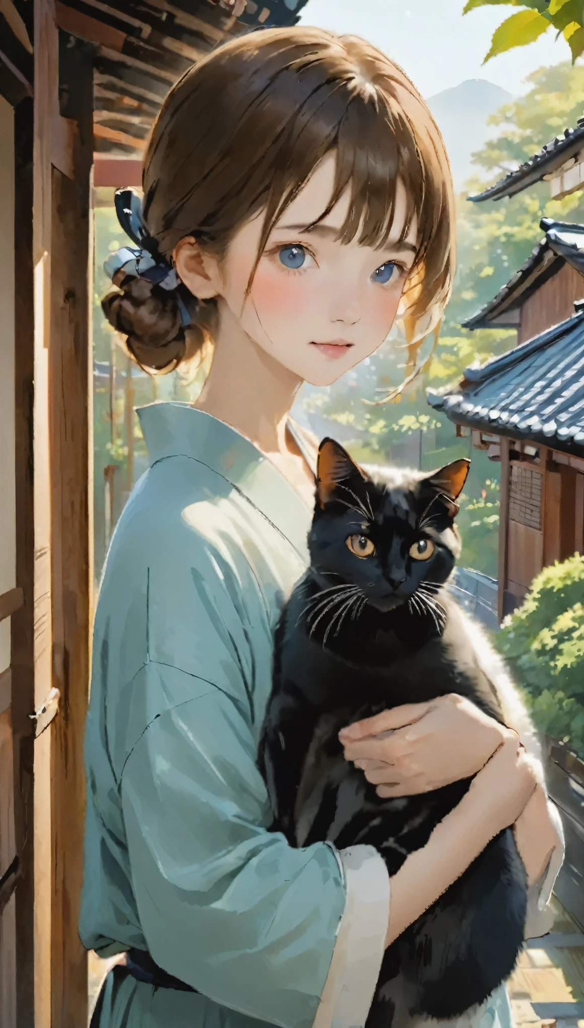 highest quality、girl holding a calico cat、Cute 14 year old girl、Bun hair with brown hair tied、Black cat、natureな見た目、Long Shot、nature、Old houses in Japan、Eaves、Veranda、Verandaに座る女の子と三毛猫