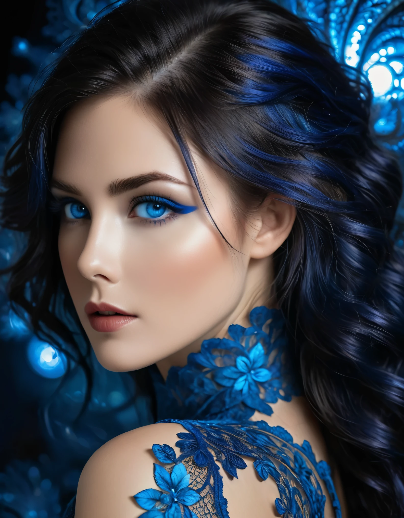 1女孩, (作者：艾米丽·凯尔和路易斯·罗约, 35岁), 官方艺术, 8K 壁纸, 全长, 极其详细, 美丽而有审美, (细致的深蓝色头发，带有明亮的亮点, 电蓝色的眼睛，中间有点深蓝色, 非常细致的眼睛:1.5), ((精致的长款闪亮银色液体蕾丝连衣裙，采用精致的镂空蕾丝，让肌肤清晰可见, 蕾丝由非常精确的分形图案制成, 曼德布洛特分形 in lace in the center of the dress, 朱莉娅分形:1.6)), 丁字裤, 丰满匀称的胸部, 淡淡一笑, 杰作, 最好的质量, 实际的, 极其详细, 动态角度, (纠结的, 曼德布洛特分形) , 最美丽的混乱形式, 优雅的, 野兽派设计, 鲜艳的色彩, 浪漫, (夜晚户外背景, 星光灿烂的夜晚) 