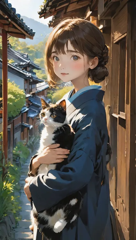 highest quality、girl holding a calico cat、verandaに座る女の子と三毛猫, cute 14 year old girl、bun hair with brown hair tied、black cat、natur...