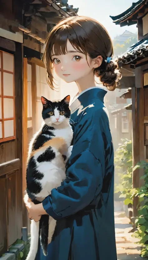 highest quality、girl holding a calico cat、verandaに座る女の子と三毛猫, cute 14 year old girl、bun hair with brown hair tied、black cat、natur...