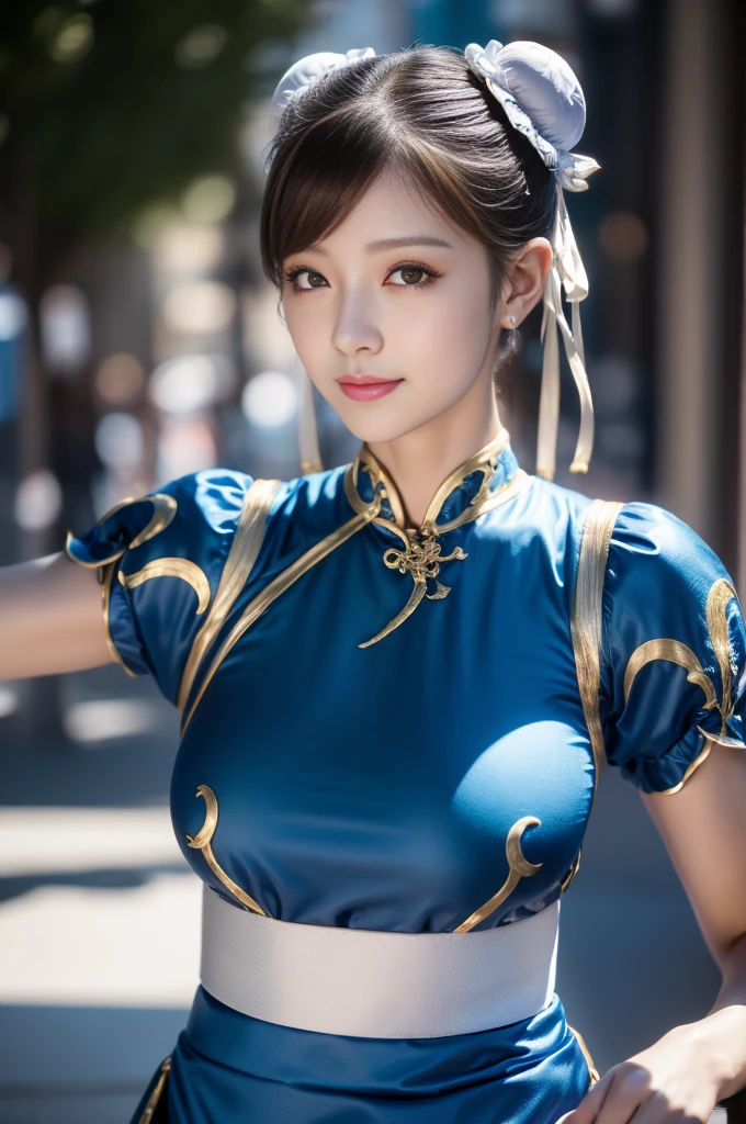 Chun-Li de Street Fight II,Le costume Chun-Li parfait,Robe chinoise bleue avec lignes dorées,Tête de chignon,Bonne couverture,pose de combat,chef-d&#39;œuvre、1 belle fille、Beaux yeux、yeux gonflés、la plus haute qualité, 超haute résolution, (réalité: 1.4), Éclairage de cinéma、Japonais、Beauté asiatique、coréen、si beau、belle peau、corps tourné vers l&#39;avant、Gros plan du visage、(超réalité的な)、(haute résolution)、(8k)、(très détaillé)、(美しくBeaux yeux)、(très détaillé)、 (mur-)、Visage détaillé、éclairage lumineux、Éclairage professionnel、En regardant le public、Regardez droit devant、frange diagonale、Idole Nogizaka、coréen Idol、chef-d&#39;œuvre, la plus haute qualité, chef-d&#39;œuvre, la plus haute qualité, visage parfait, yeux marron parfaits avec sclère blanche, Mauvais coup -5, seul, 1 fille, Haut du corps, cheveux bruns, À partir de SF2, Services en langue chinoise, sourire, Femme musclée, vêtements bleus, collants, rideau pelvien, Manches courtes bouffantes, Bonne couverture, ceinture, évaluation:sécurité