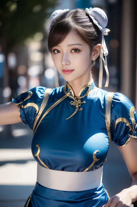 Chun-Li from Street Fight II,The perfect Chun-Li costume,Blue Chinese dress with gold lines,Bun Head,Good cover,Fighting Pose,ma...