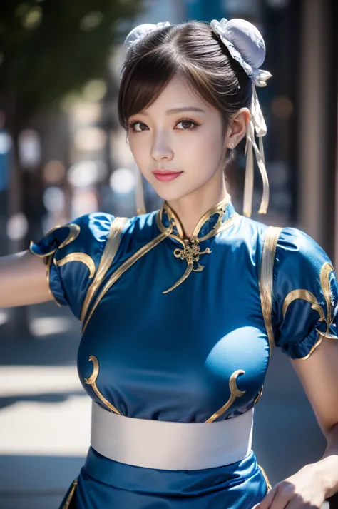 chun-li from street fight ii,the perfect chun-li costume,blue chinese dress with gold lines,bun head,good cover,fighting pose,ma...