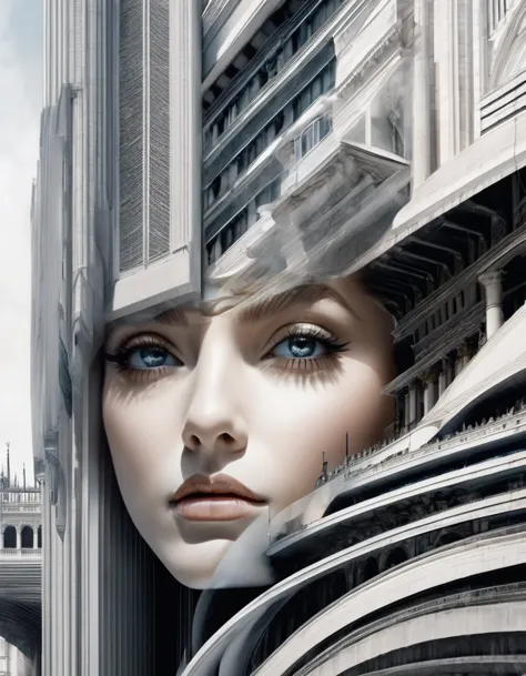 Close-up of face and architecture merging，in style of Architectural photography , portrait