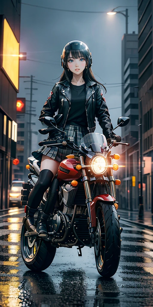 1 Girl, skirt, Jacket, rain, Ground Vehicles, helmet, Mecha, motorcycle, motorcycle, on motorcycle, Vehicle Focus, wheel, night, road, street, rain, City, Puddle, 8K, Surreal, lens flare, atmosphere, glow, detailed, Wheels within wheels, Colorful, Movie lighting, Popular on artstation, 4k, Surreal主义, Focus, Extreme details, Unreal Engine 5, Movie, masterpiece, best quality