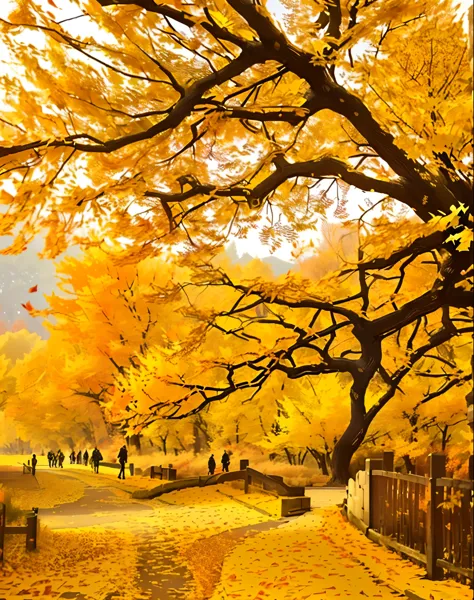 araffes are walking on a path in a park with yellow leaves, golden autumn, golden sacred tree, october, ( visually stunning, gol...