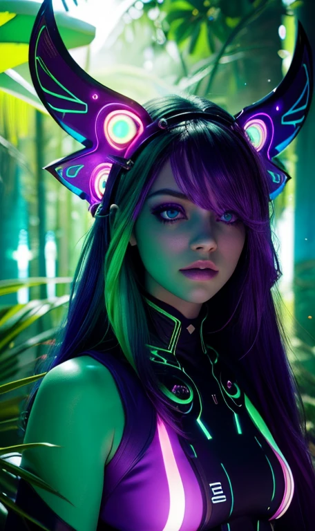 portrait | wide angle shot of eyes off to one side of frame, lucid dream-like woman, looking off in distance  | daydreampunk with glowing skin and eyes, styled in headdress, beautiful, she is dripping in neon lights, very colorful blue, green, purple, bioluminescent, glowing background | forest, vivid neon wonderland, particles, blue, green, purple| rule of thirds, golden ratio, assymetric composition, hyper- maximalist, octane render, photorealism, cinematic realism, unreal engine, 8k