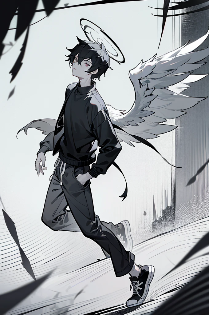 teenage boy, black and white halo, black and white wings on left side, no wings on right side, black eye, white sclera, white eye, black sclera, 
handsome, slim, well-built, lots of scars covering body, 
wearing a stylish black and white cropped jacket, black shirt, black and white baggy sweat pants, black socks and black and white converse high tops, 
walking through a street on a sunny day, 