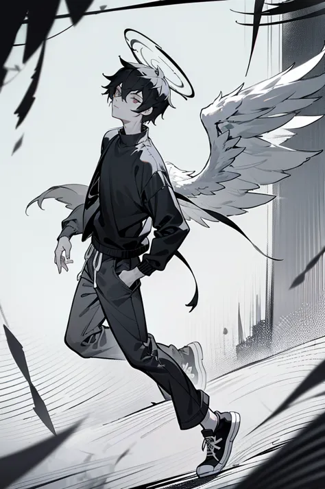 teenage boy, black and white halo, black and white wings on left side, no wings on right side, black eye, white sclera, white ey...
