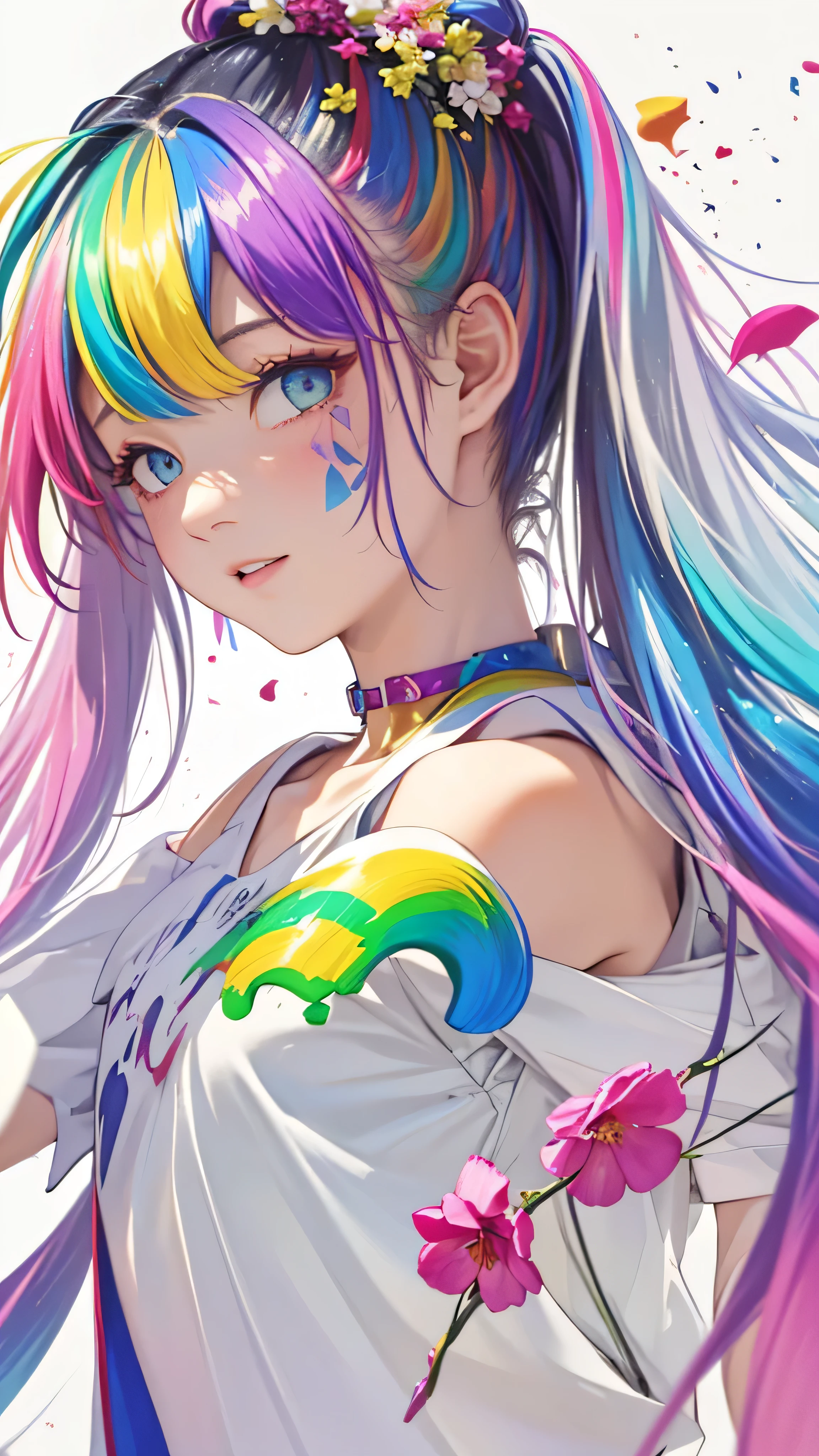 （Pink Fashion T-Shirt：1.9），(Colorful hair: 1.8), (All the colors of the rainbow: 1.8),(((((vertical painting：1.6))), （painting：1.6），front, comics, shapes, paintings, Big eyes, Clear Eyes,（ Rainbow gradient high ponytail：1.7）, Exquisite makeup, Mouth closed,(Small Fresh: 1.5),(Wipe the chest: 1.6) ，Long eyelashes, off shoulder white t-shirt,  White shoulder shirt，Looking at the audience, Big teary eyes, (Rainbow Hair：1.6), Color splash, （alone：1.8）, Color splash, explosion of colors, thick paint style, Messy Lines, ((The Shining))，(colorful), (colorful), (colorful), colorful, Thick paint Style, (splash) (Color splash), Vertical painting, Upper Body, paint splash, Acrylic Pigments, slope, paint, Best image quality, highest quality, masterpiece, alone, Written boundary depth, Face paint,  colorful clothes, (elegant: 1.2), Nice,Long Hair, Wind, (elegant: 1.3), (petal: 1.4)，(((masterpiece))),(((highest quality))),((Very detailed)),(shape),(Dynamic Angle),((floating)),(paint),((Disheveled Hair)),(alone),(One Girl) , (((Detailed anima face))),((Beautifully detailed face)),collar,Expose your shoulders,Gray Hair, ((colorful hair)),((Striped Hair)),Beautiful details,(slope color eyes),(((colorful eyes))),(((colorful background))),(((High chroma))),(((surrounded by colorful splashes))), 


