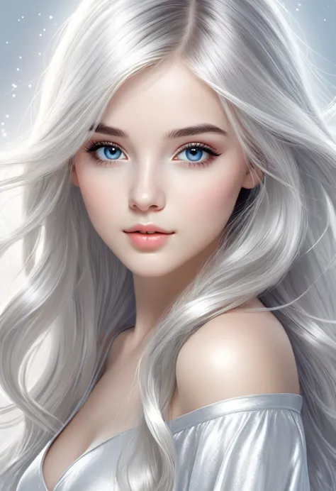 vectorized graphic design of a cute beautiful girl with silver-white medium-long hair. close-up of her exquisite eyes, ethereal ...