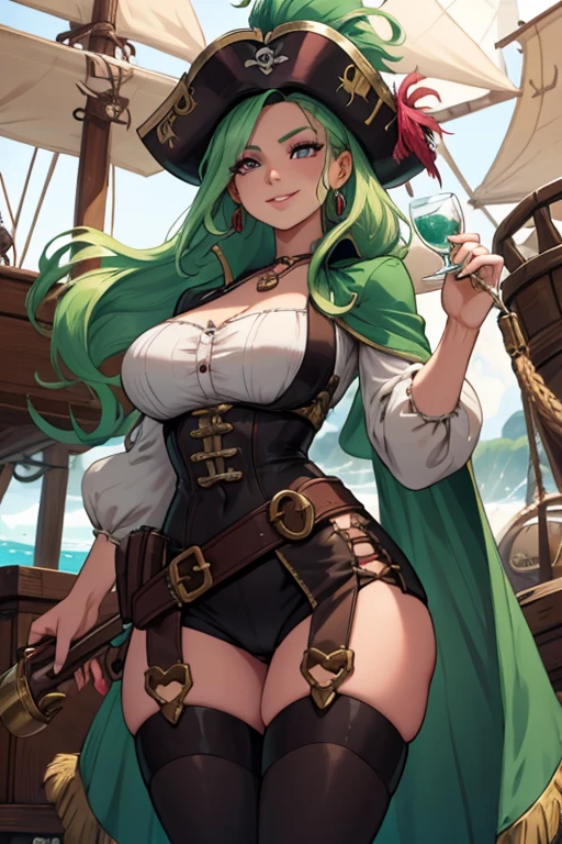 A light green haired woman with pink eyes and an hourglass figure in a pirate's outfit is holding a spy glass with a smile on a pirate ship