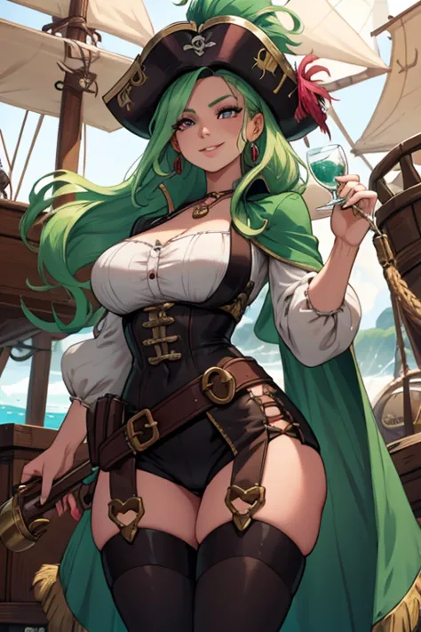 A light green haired woman with pink eyes and an hourglass figure in a pirate's outfit is holding a spy glass with a smile on a ...