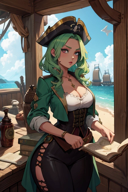 A light green haired woman with pink eyes and an hourglass figure in a pirate's outfit is reading a map in the cabin in the pirate ship