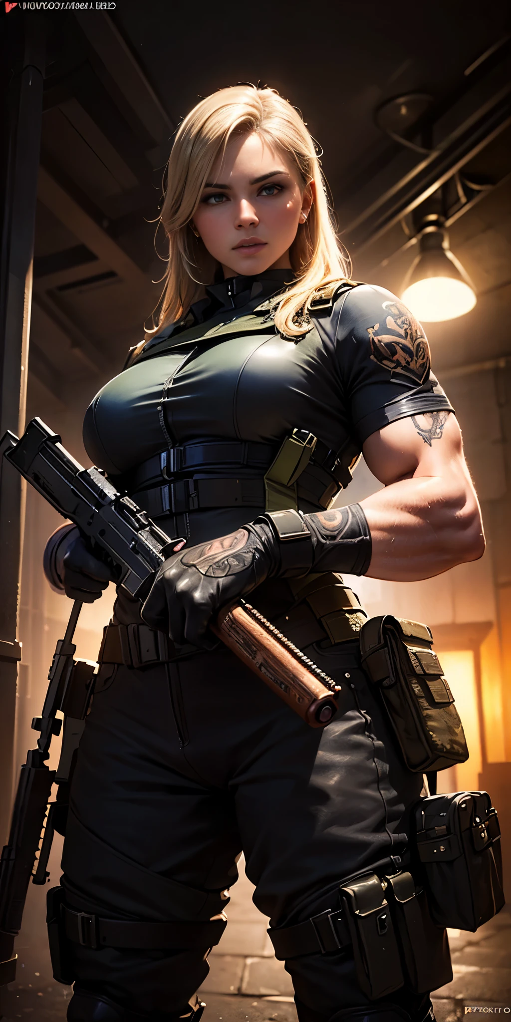 uma mulher soldado militar no estilo call of duty, cenário de guerra, ((Ela está de pé segurando um revólver rosa)), ((mulher alta e musculosa coberta de tatuagens com um corpo bem definido)), longos cabelos loiros claros e olhos âmbar, ((Posição do corpo: em pé em uma posição de 60°)), ((está apontando a arma para o espectador)), (melhor qualidade,4K,8K,alta resolução,obra de arte:1.2),Ultra-detalhado,(realista,photorealista,photo-realista:1.37),HDR,Ultra HD,iluminação de estúdio,pintura ultrafina,foco nitído,renderização baseada fisicamente,descrição detalhada extrema,profissional,cores vivas,Bokeh,retratos,artistas conceituais,iluminação cinematográfica,cores dramáticas