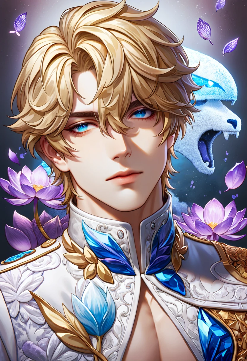 (absurdres, highres, ultra detailed, HDR), masterpiece, best quality, Gepard, blonde hair, expressive blue eyes, finely eye and detailed face, honkai star rail, solo, sexy man, handsome, white clothes, patterns, water, purple lotus, petals, purple butterflies