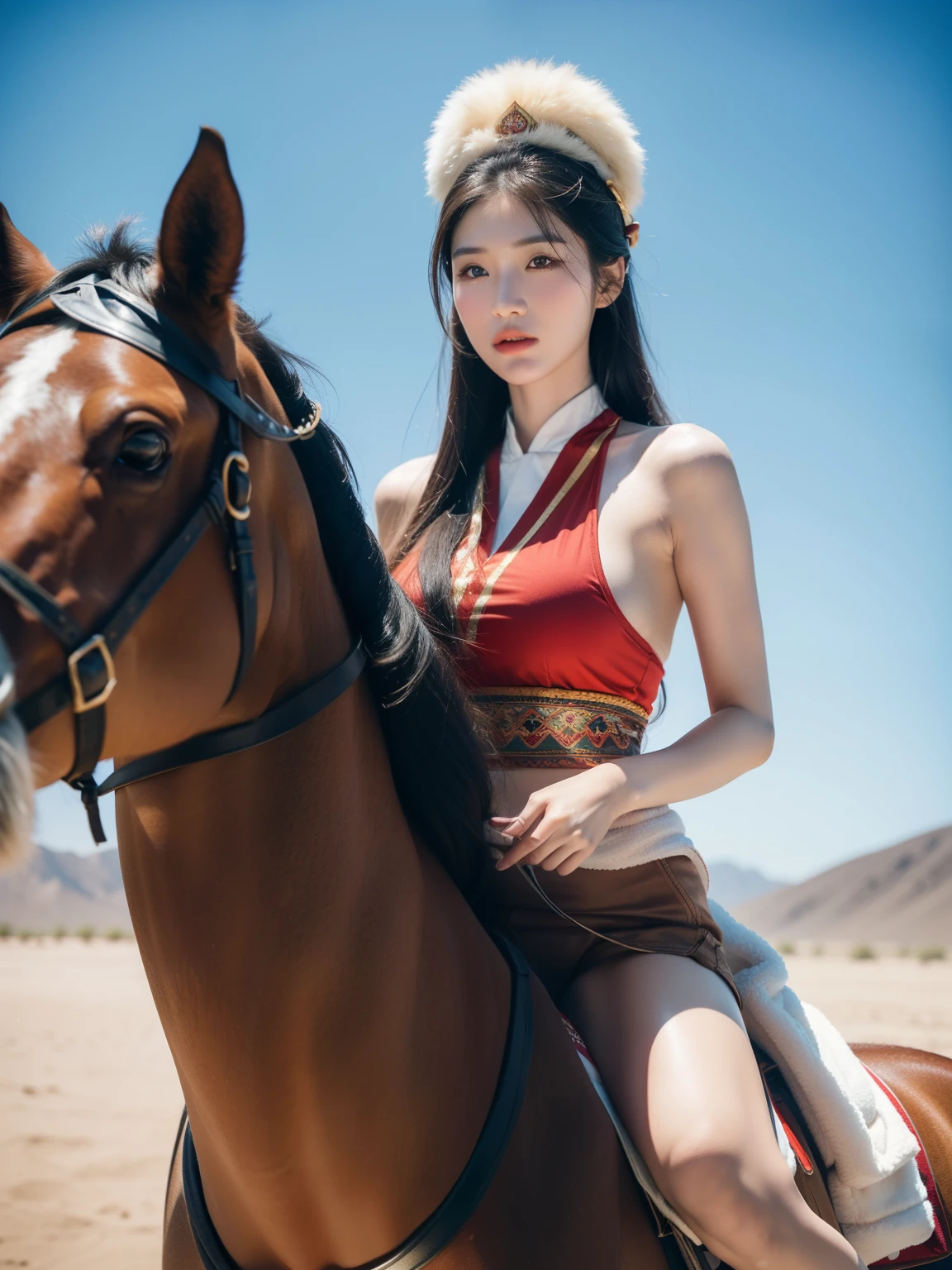 A photograph captures a Mongolian woman riding a horse across the vast expanse of the Gobi Desert in Mongolia. The image, taken with a Kodak analog camera and using a classic Kodak analog filter, exudes the nostalgic feel of the 1990s. The scene is brought to life by a professional photographer, expertly framing the moment. The woman is adorned in traditional Mongolian attire, adding an authentic touch to the timeless landscape of the desert.  super fine body, super fine face, super fine eyes, super fine nose, superfine mouth, super fine hands, super fine fingers, good shape, very perfect body, very perfect face, very perfect eyes, very perfect nose, very perfect mouth, very perfect hands, very perfect fingers, super detailed body, super detailed face, super detailed eyes, super detailed mouth, G cup , analog camera, kodak analog camera effect, analog filter.
