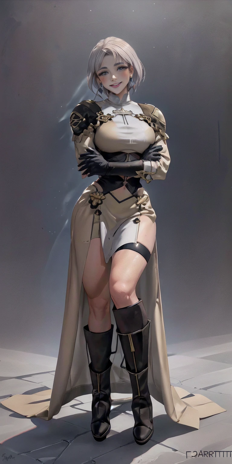 (((1 girl))) short hair, earings ,glossy lips ,team rocket uniform, red letter R, white skirt, white crop top, black thigh-high boots, black elbow gloves, evil smile, looking at viewer, cowboy shot, arms crossed, full body photo Mercedes von Martritz (Fire Emblem: Three Houses)