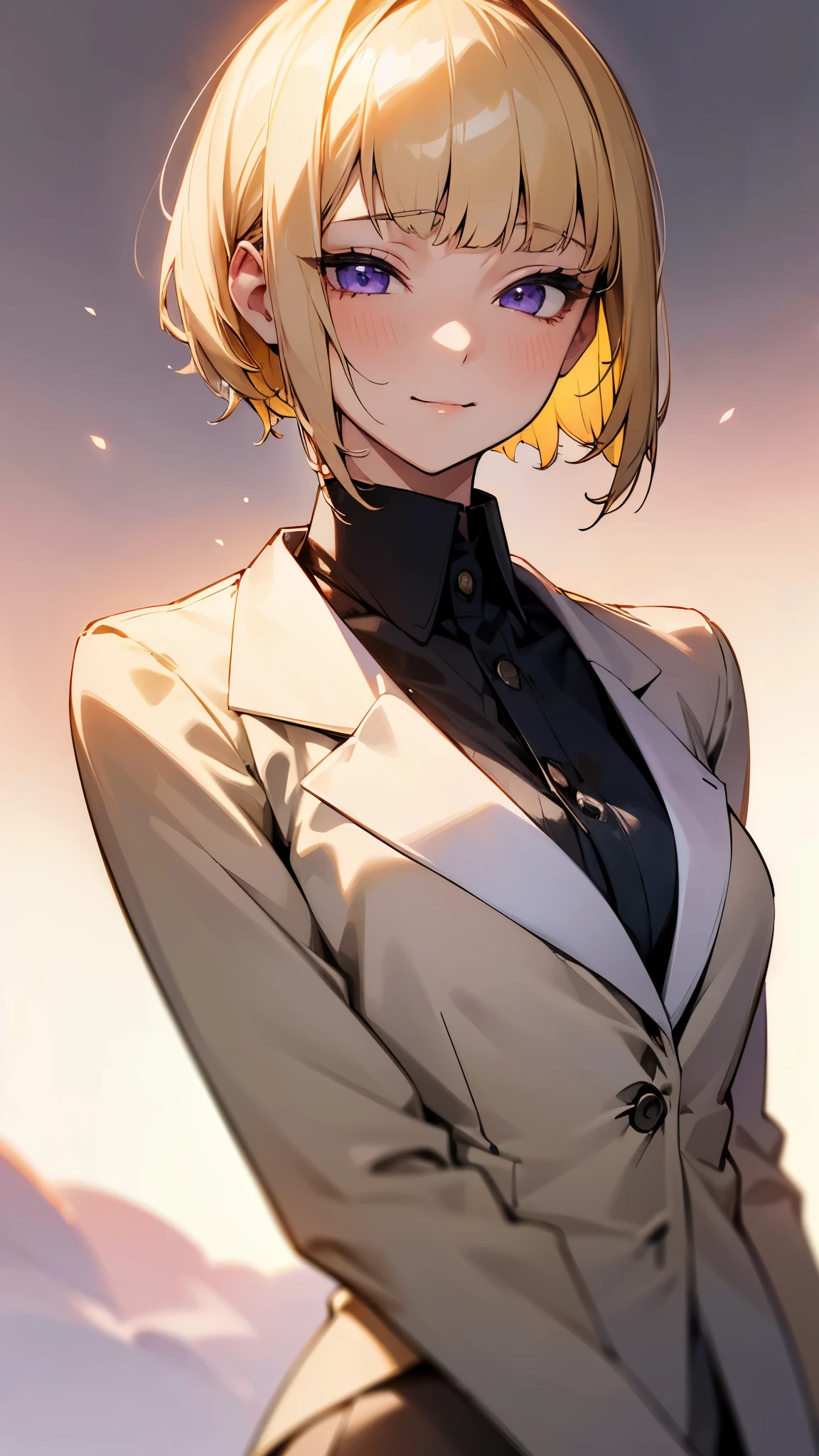 1 girl、8k、Sharp focus、(Bokeh) (highest quality) (Detailed skin:1.3) (Intricate details) (anime)、(blonde)、short hair、Bobcut、Blunt bangs、Beautiful purple eyes、Slender body、Upper body close-up、White shirt、Black work trousers、Black Fitted Blazer、Calm face、Mouth closed、Cheeky Smile、Squint your eyes、Park in the background、sunset、Soft lighting.