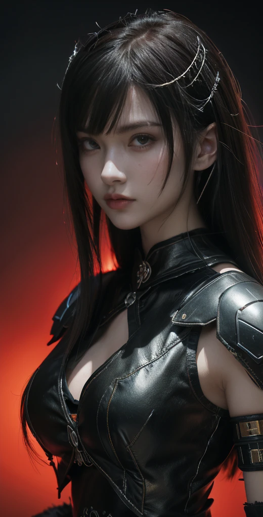 Masterpiece,Game art,The best picture quality,Highest resolution,K (Portrait),Unreal Engine 5,(Digital Photography),((Portrait Feature:1.5)),20 year old girl, Short hair details,With long bangs,(The red eye makeup is very meticulous),(long  hair:1.4),(Large, full breasts),Elegant and noble,Brave and charming,super cuteness face, 
(Future armor combined with the characteristics of ancient Chinese armor,Hollow design,Power Armor,The mysterious Eastern runes,A delicate dress pattern,A flash of magic),Warrior of the future,Cyberpunk figures,Background of war,
Movie lights，Ray tracing,3D Game CG artstyle,3D,OC rendering reflection pattern,full body 