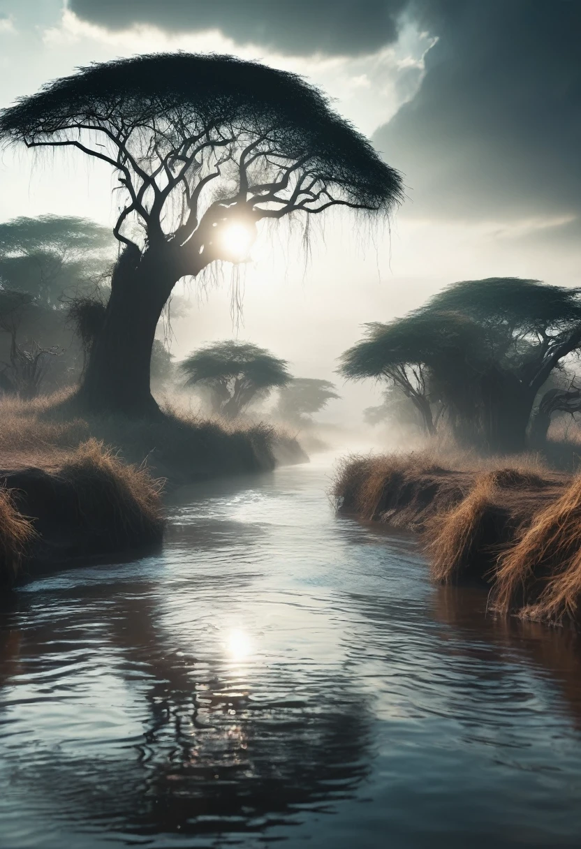 Super detailed,Surreal African scene,Evil spirits appear over the village river,Distance viewing angle