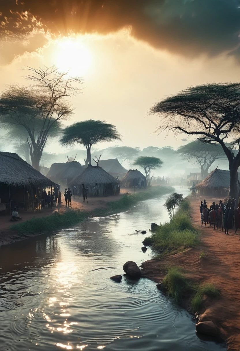 Super detailed,Surreal African scene,Evil spirits appear over the village river,Distance viewing angle