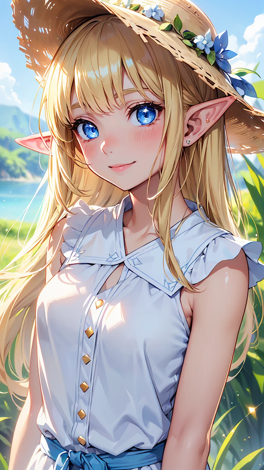 16k、masterpiece、High definition、High resolution、((Young Elven Woman))、((Beautiful white skin))、((Beautiful blonde))、((Sparkling blue eyes))、((Pointed Ears))、Smiling Kindly、blush、Sleeveless white shirt、Wear a straw hat、clear blue sky、Look at me、((Close up of upper body))