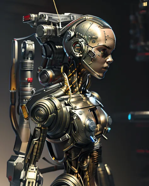 a bald cyborg emma watson, with loose wires, metallic skin, hoses, exposed torso, androidperson, mark brooks, david mann, robot ...