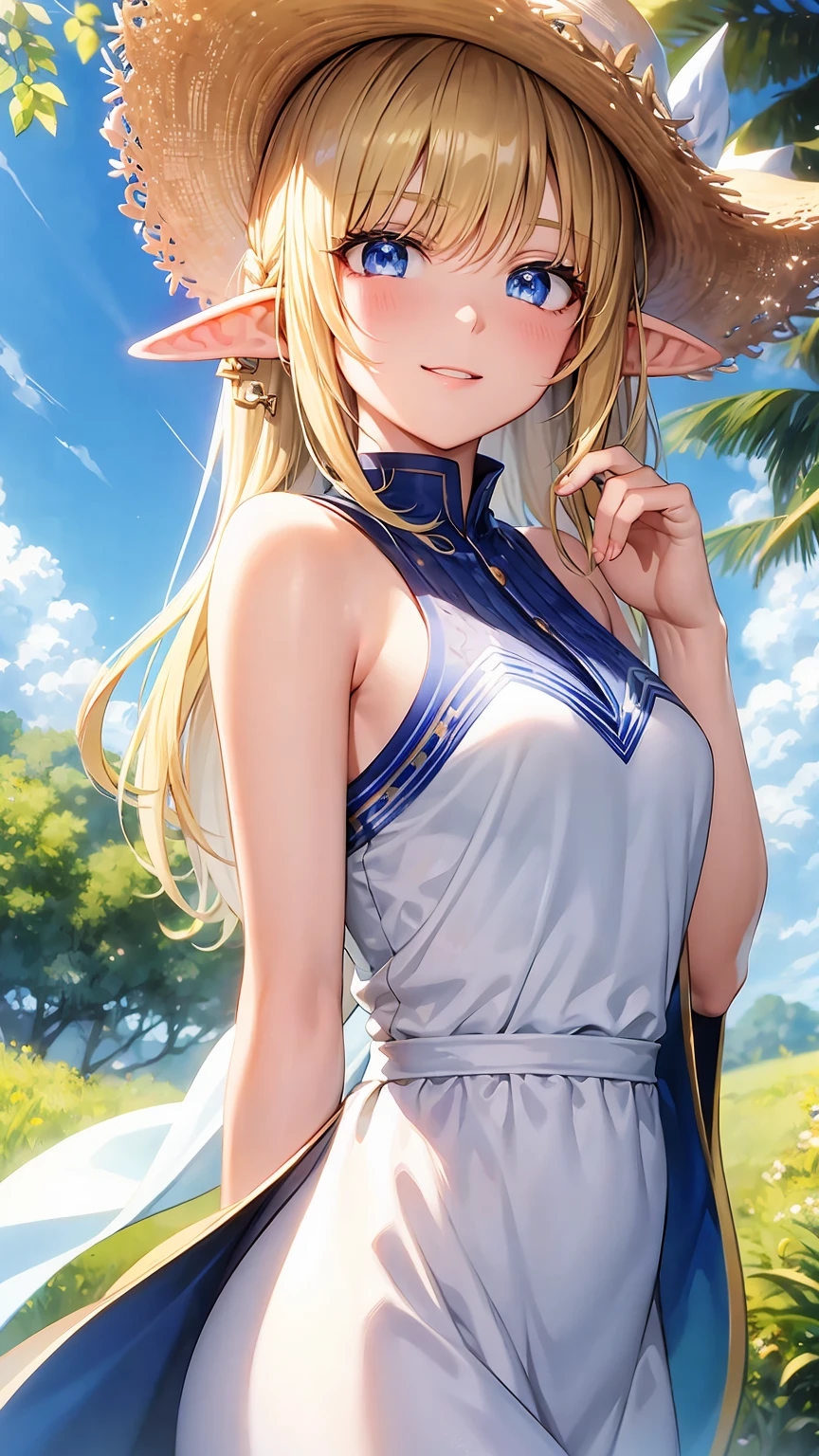 16k、masterpiece、High definition、High resolution、((Young Elven Woman))、((Beautiful white skin))、((Beautiful blonde))、((Sparkling blue eyes))、((Pointed Ears))、Smiling Kindly、blush、Sleeveless white shirt、Wear a straw hat、clear blue sky、Look at me、((Close up of upper body))