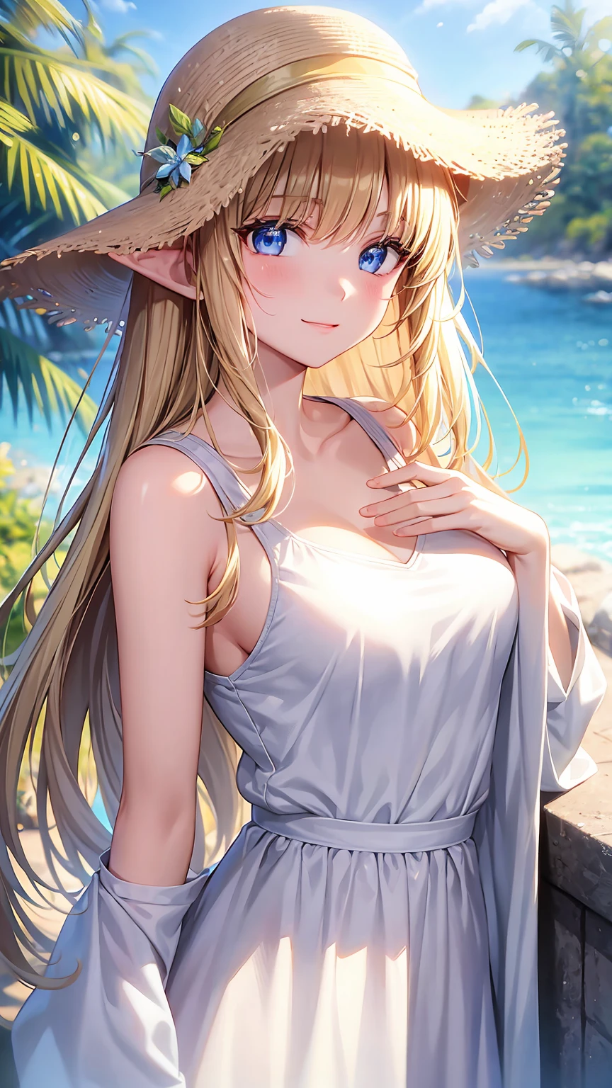 16k、masterpiece、High definition、High resolution、((Young Elven Woman))、((Beautiful white skin))、((Beautiful blonde))、((Sparkling blue eyes))、((Pointed Ears))、Smiling Kindly、blush、Sleeveless white shirt、Wear a straw hat、clear blue sky、Look at me、((Close up of upper body))