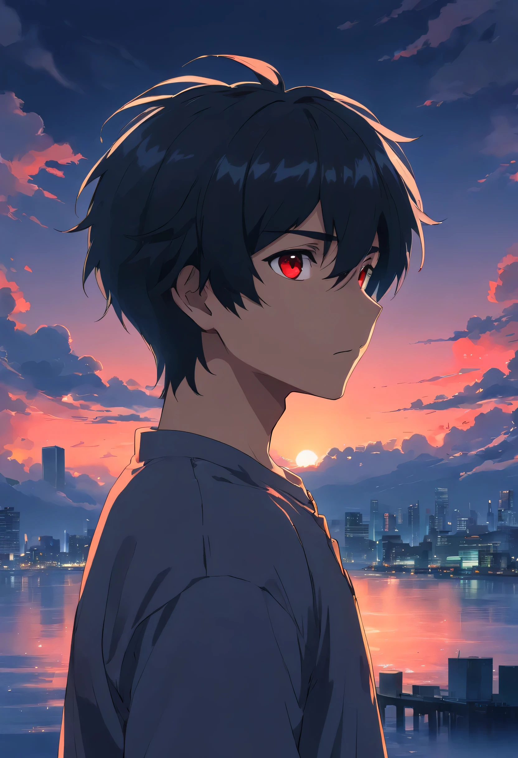 Anime boy staring at the sunset - SeaArt AI