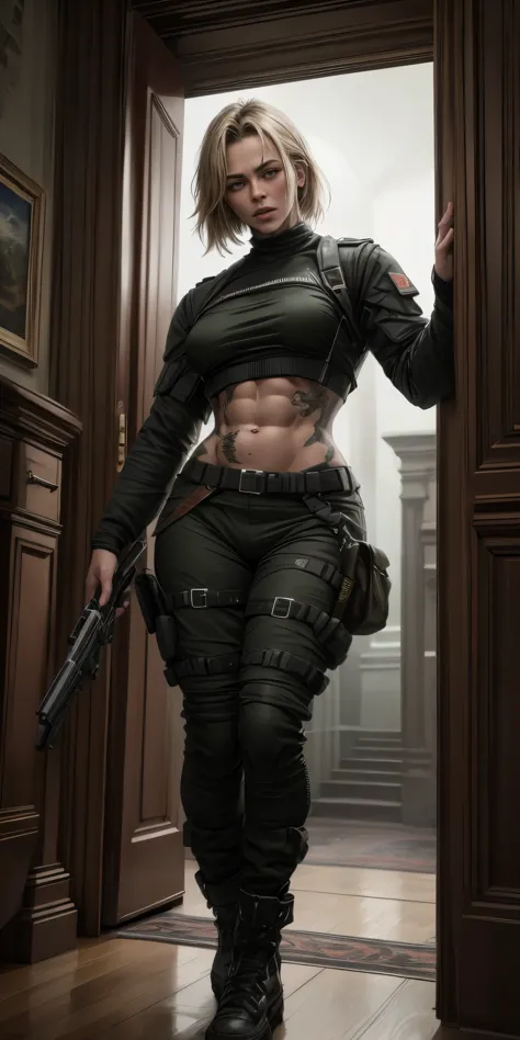 a female military soldier in call of duty style, war scenario, ((she is standing holding a pink revolver)), ((tall muscular woma...