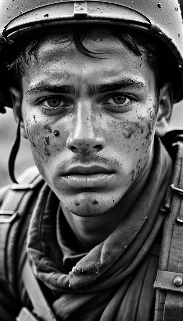 realistic photo, black and white, war photography, close up of face, young soldier, dirty and tired face, tired, trying to stay awake, raw photo, shallow depth of field, small frame camera