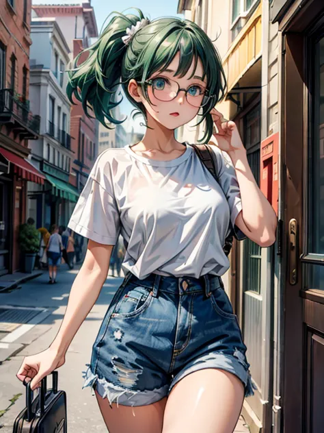 comic effect, cinematic, dynamic, extremely detailed, animesque, HD12K, girl, 18 years old, green hair and eyes, intrigued and c...