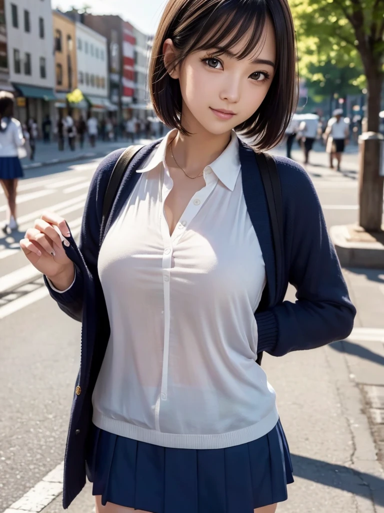 (8k, RAW Photos, highest quality, masterpiece:1.2), (Realistic, photo-Realistic:1.4), (Highly detailed 8k wallpaper), Sharp focus, Depth of written boundary, Cinematic lighting, Soft Light,eye_Chan, Very beautiful 17 year old girl, innocent big eyes , shiny smooth light gold Short Bob Hair, Asymmetrical bangs, Glowing Skin, Ultra-dense skin,High resolution, High Detail, Detailed hairstyle, Detailed facial beauty, hyper Realistic, Perfect limbs, Perfect Anatomy ,1 Japanese girl,Famous Japanese Idols, Perfect female body, Large Breasts, smile, Short eyelashes, double eyelid, Short Bob Hair, (school uniform : 1.3), (Micro Mini Skirt Navy Micro Mini Skirt:1.3),Watching the audience, (Crowded street:1.3),Cowboy Shot