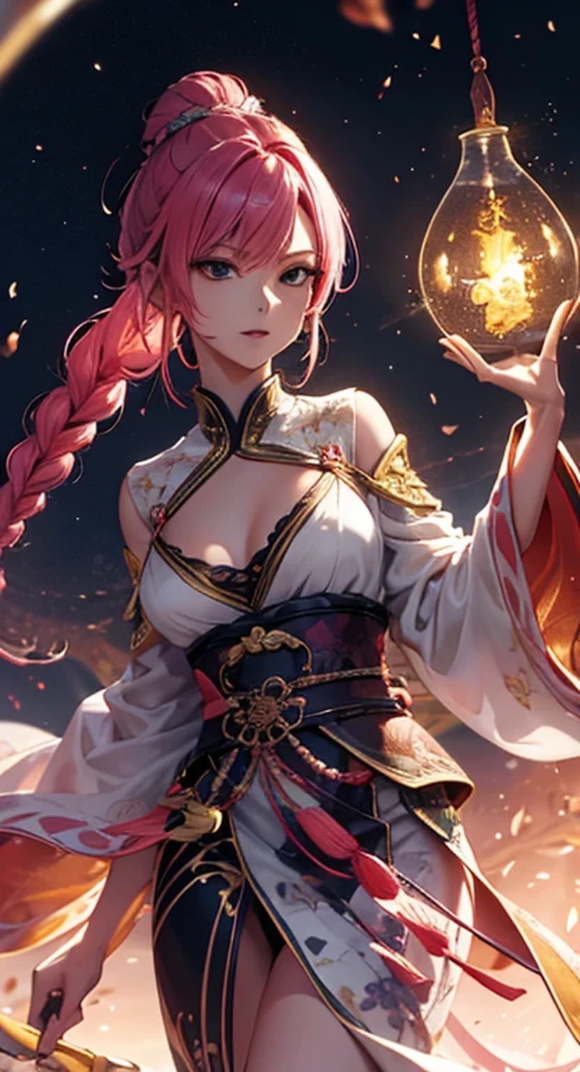 masterpiece, high quality, 4K, Beautiful design, silhouette，Pink Hair,Braided Hair， Highly Detailed Starry Sky at Night,Glass Kingdom，Glass World，Glass Castle， wonderful, Finer details, Very knowledgeable woman, Highly detailed solo, 1 female,Bowl-shaped chest，Scorpion Fairy,Has a scorpion&#39;s tail, dress，Night view，Starry Sky，
